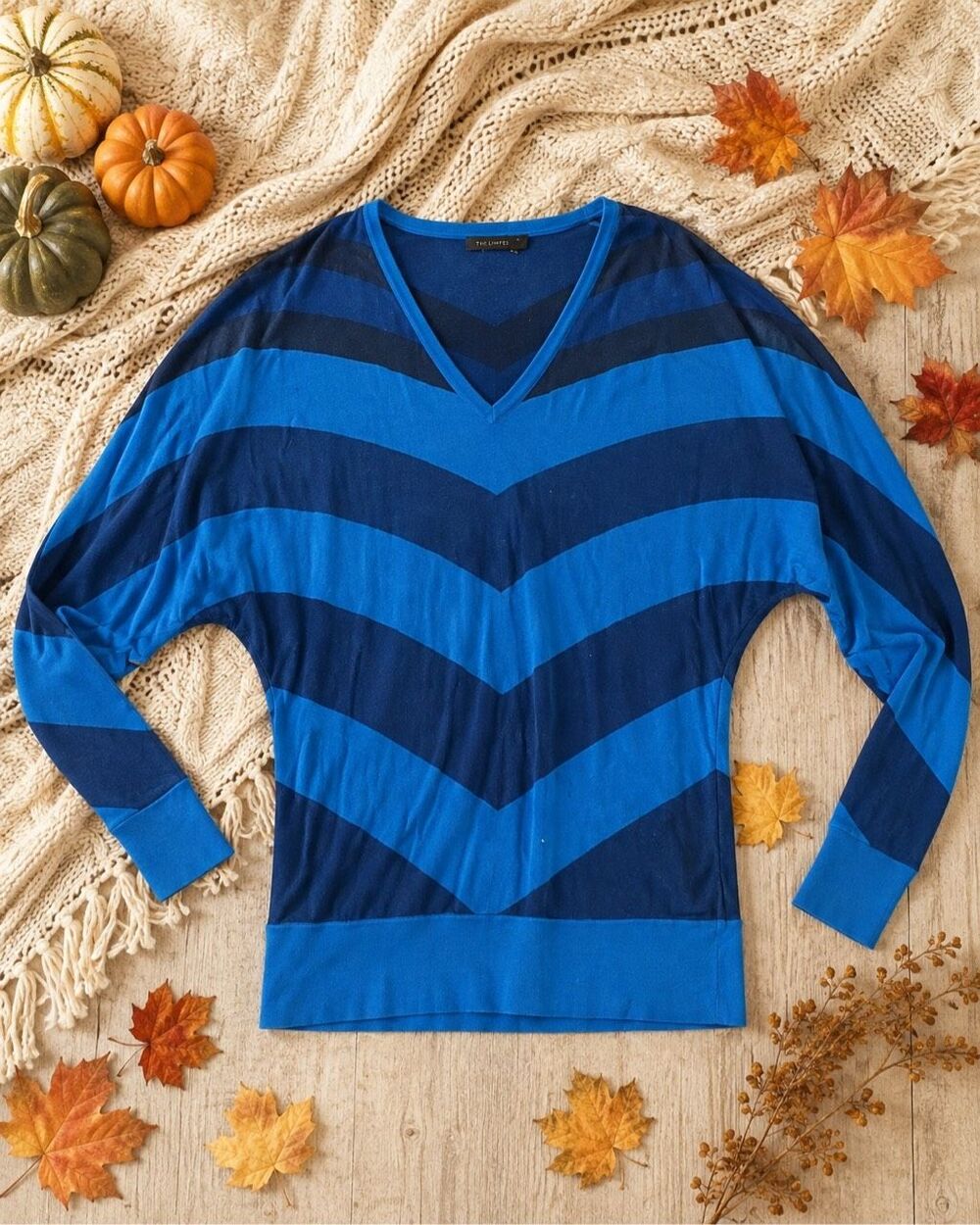 The Limited Women’s Blue Navy Chevron Stripe V Neck Dolman Sleeve Sweater Top - Picture 2 of 3